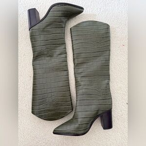 Green Croc-Embossed Knee-High Boots